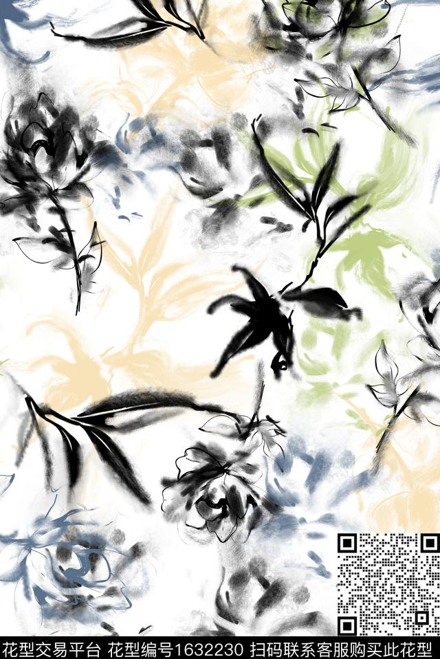 花卉水彩花卉水墨风数码印花华亿平台下载（图片编号: 1632230） - 瓦栏（Walan）