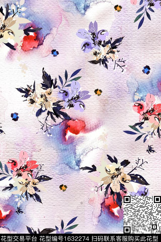 年轻女装花卉水彩花卉数码印花华亿平台下载（图片编号: 1632274） - 瓦栏（Walan）