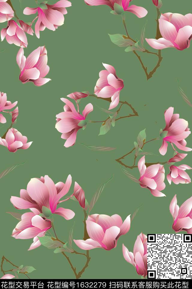 花卉玉兰花枝条花数码印花华亿平台下载（图片编号: 1632279） - 瓦栏（Walan）