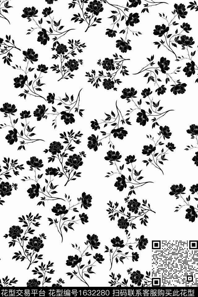 花卉小碎花黑白花卉传统印花华亿平台下载（图片编号: 1632280） - 瓦栏（Walan）