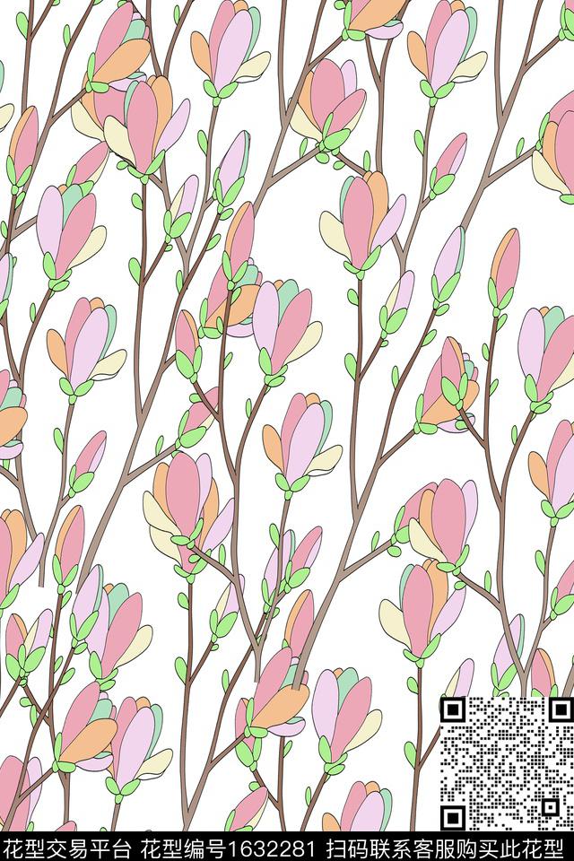 花卉白底花枝条花传统印花华亿平台下载（图片编号: 1632281） - 瓦栏（Walan）