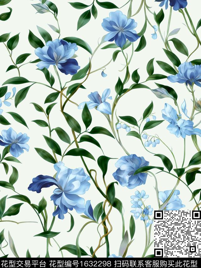 年轻女装抽象花卉绿植树叶数码印花华亿平台下载（图片编号: 1632298） - 瓦栏（Walan）