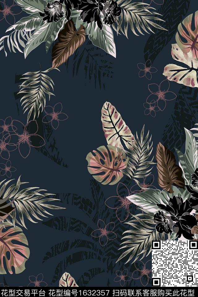 中老年热带华亿平台绿植树叶数码印花华亿平台下载（图片编号: 1632357） - 瓦栏（Walan）