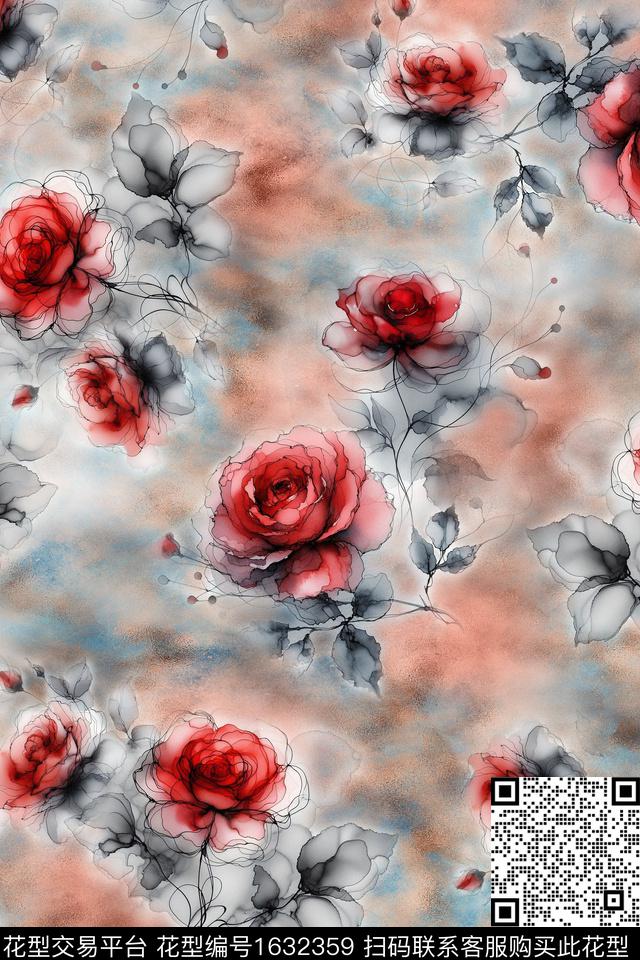 花卉水彩花卉水墨风数码印花华亿平台下载（图片编号: 1632359） - 瓦栏（Walan）