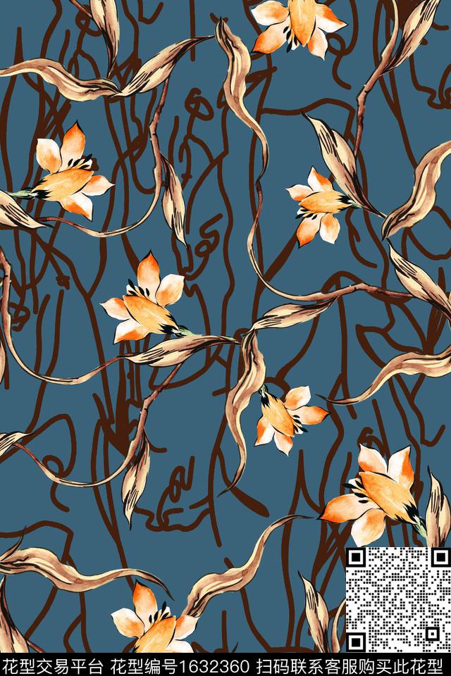 线条花卉水彩花卉数码印花华亿平台下载（图片编号: 1632360） - 瓦栏（Walan）
