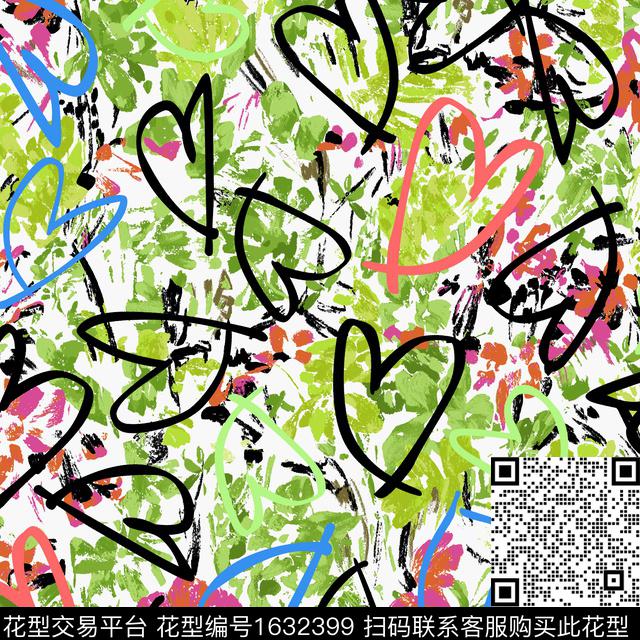 抽象爱心涂鸦数码印花华亿平台下载（图片编号: 1632399） - 瓦栏（Walan）