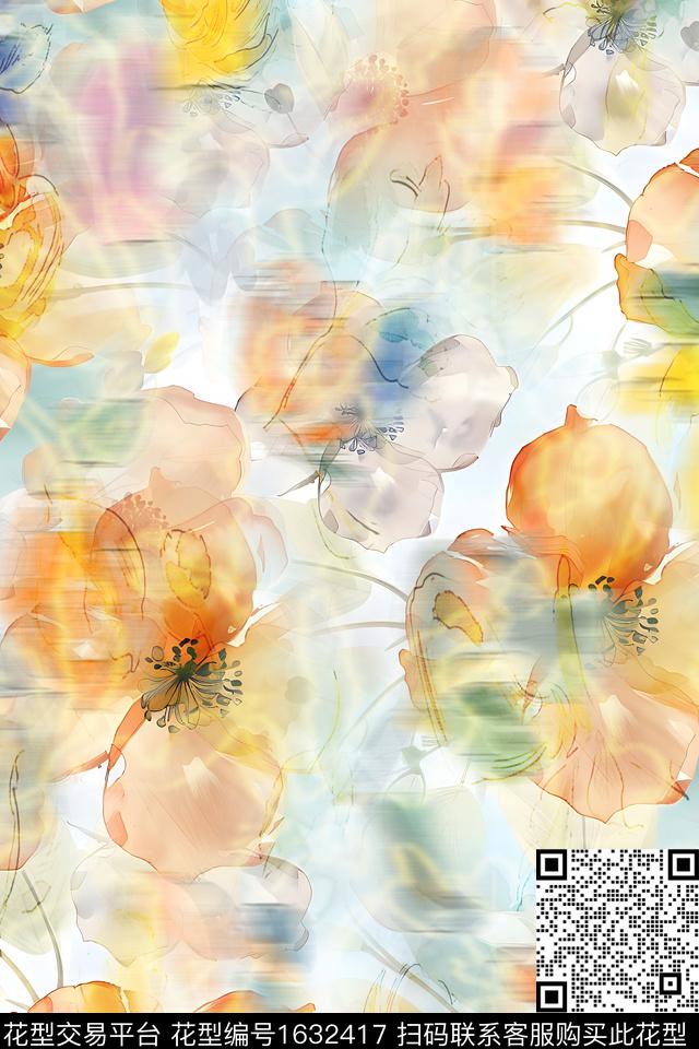 水彩花卉抽象花卉模糊花卉数码印花华亿平台下载（图片编号: 1632417） - 瓦栏（Walan）