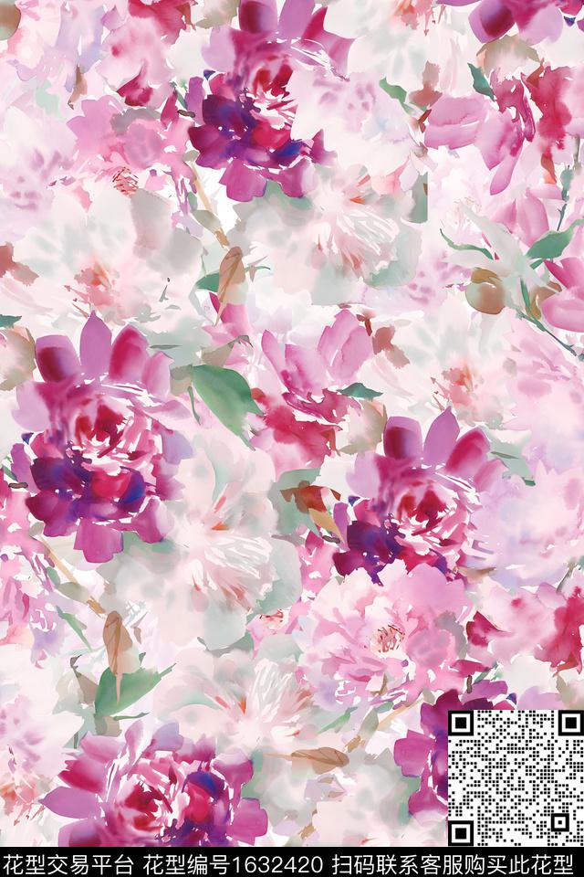 花卉水彩花卉抽象花卉数码印花华亿平台下载（图片编号: 1632420） - 瓦栏（Walan）