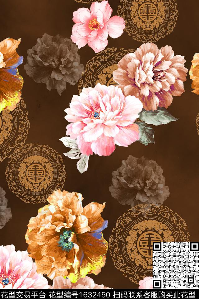 中国风喜字影花数码印花华亿平台下载（图片编号: 1632450） - 瓦栏（Walan）