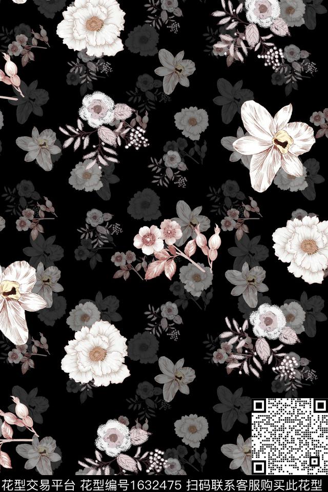 黑底花卉影花花卉数码印花华亿平台下载（图片编号: 1632475） - 瓦栏（Walan）
