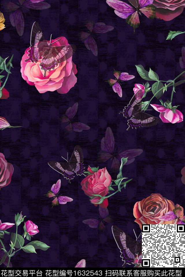 纹理黑底花卉蝴蝶数码印花华亿平台下载（图片编号: 1632543） - 瓦栏（Walan）