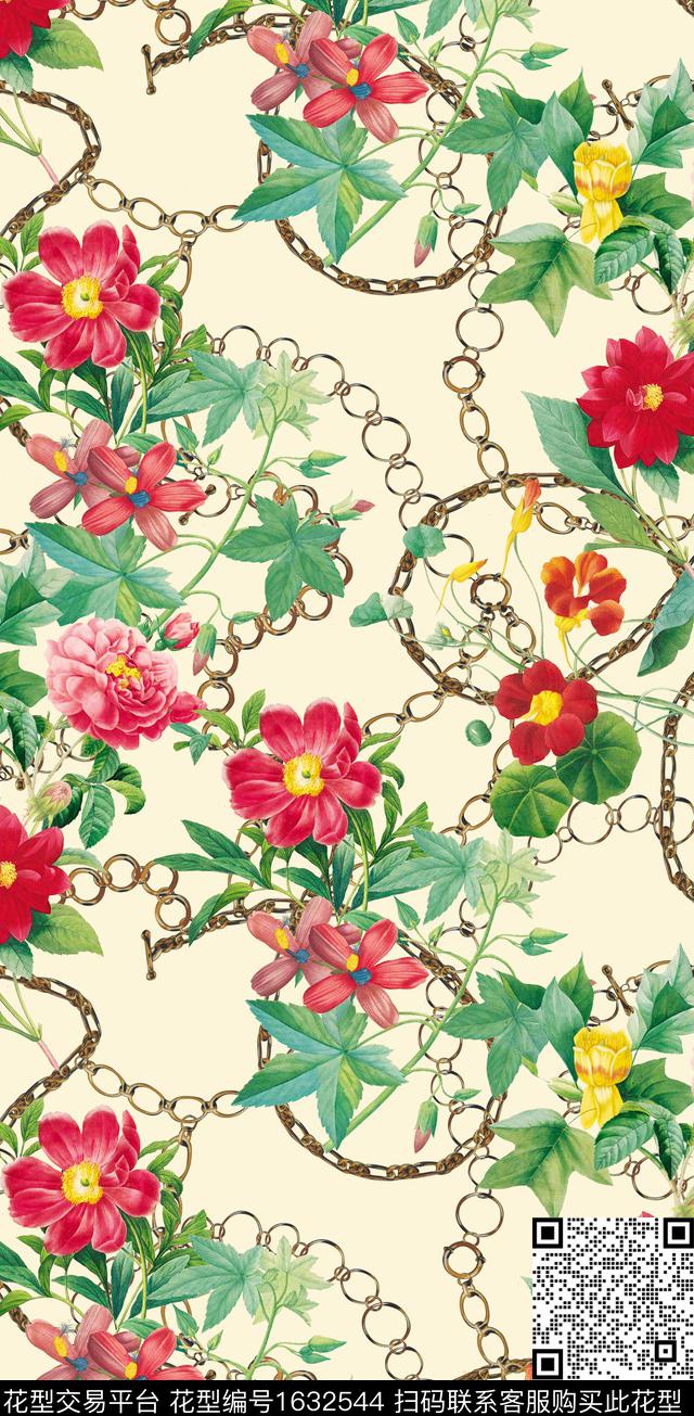 花卉植物链条数码印花华亿平台下载（图片编号: 1632544） - 瓦栏（Walan）