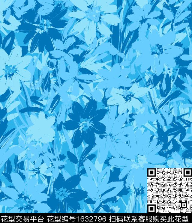 抽象花卉迷彩手绘花卉传统印花华亿平台下载（图片编号: 1632796） - 瓦栏（Walan）