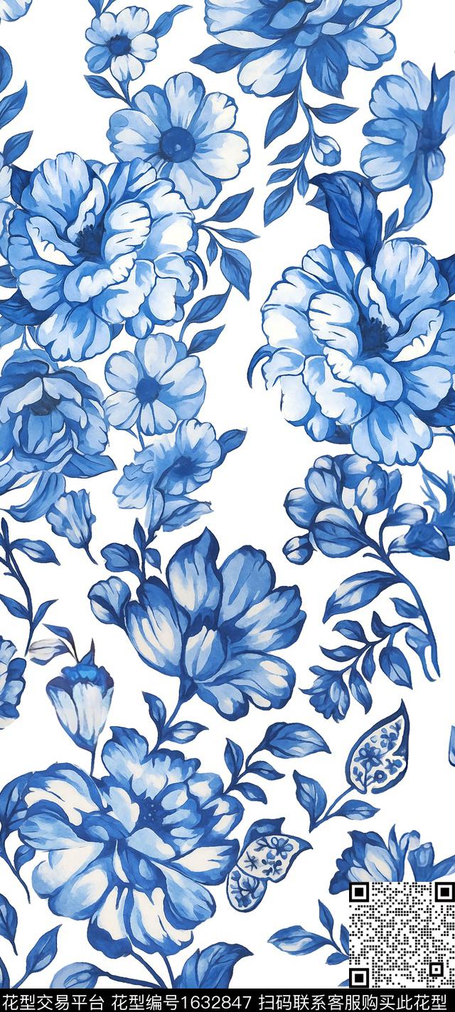 花卉青花大花数码印花华亿平台下载（图片编号: 1632847） - 瓦栏（Walan）