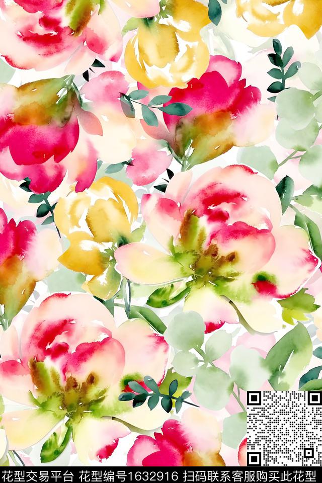 花卉水彩花卉影花数码印花华亿平台下载（图片编号: 1632916） - 瓦栏（Walan）