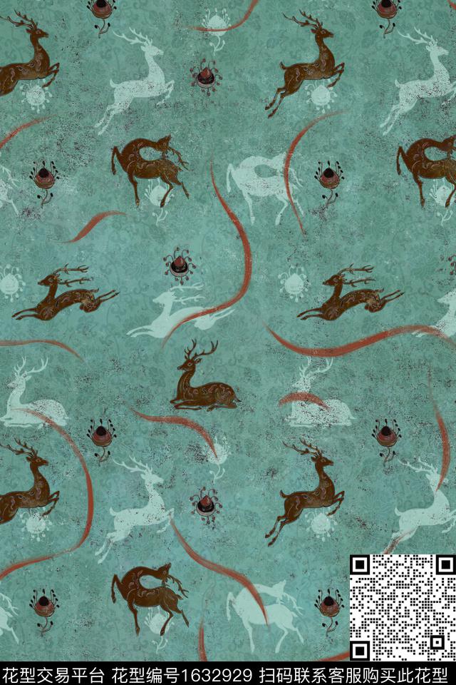 中国风鹿壁画数码印花华亿平台下载（图片编号: 1632929） - 瓦栏（Walan）