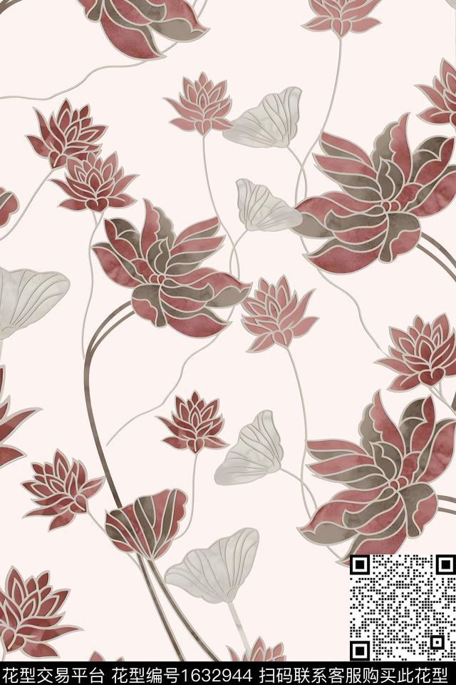 中国风莲叶荷花数码印花华亿平台下载（图片编号: 1632944） - 瓦栏（Walan）