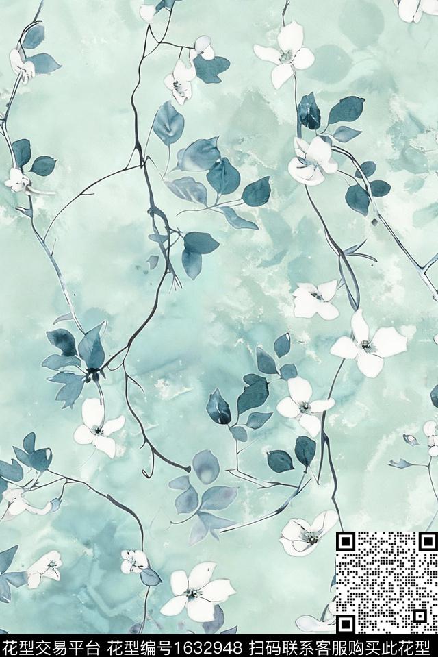 水彩花卉藤曼树枝数码印花华亿平台下载（图片编号: 1632948） - 瓦栏（Walan）