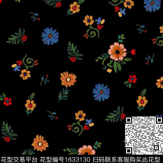 黑底花卉刺绣小碎花数码印花华亿平台下载（图片编号: 1633130） - 瓦栏（Walan）