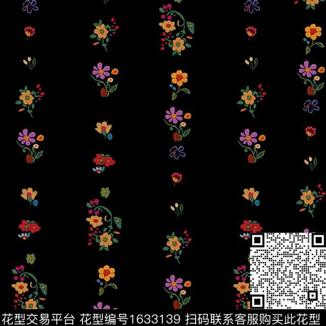 黑底花卉小碎花条纹数码印花华亿平台下载（图片编号: 1633139） - 瓦栏（Walan）