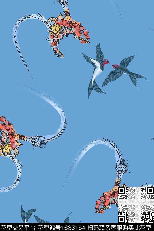 中国风头饰燕子数码印花华亿平台下载（图片编号: 1633154） - 瓦栏（Walan）