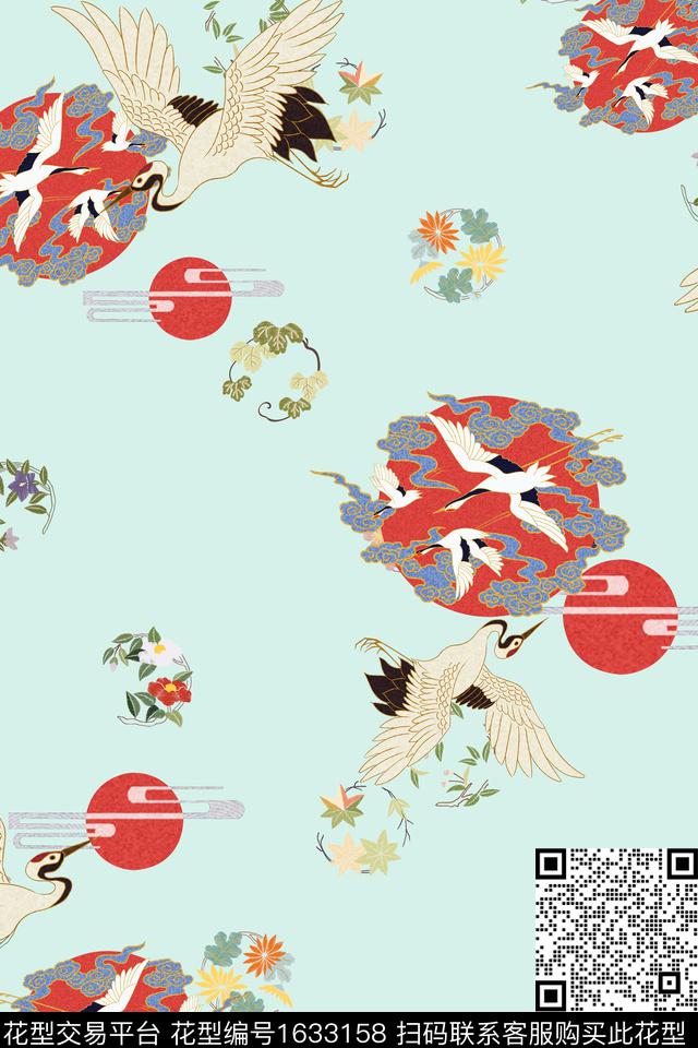 中国风仙鹤祥云数码印花华亿平台下载（图片编号: 1633158） - 瓦栏（Walan）