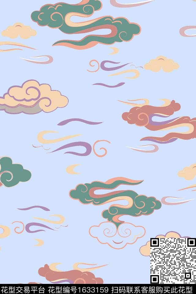 中国风祥云旗袍数码印花华亿平台下载（图片编号: 1633159） - 瓦栏（Walan）