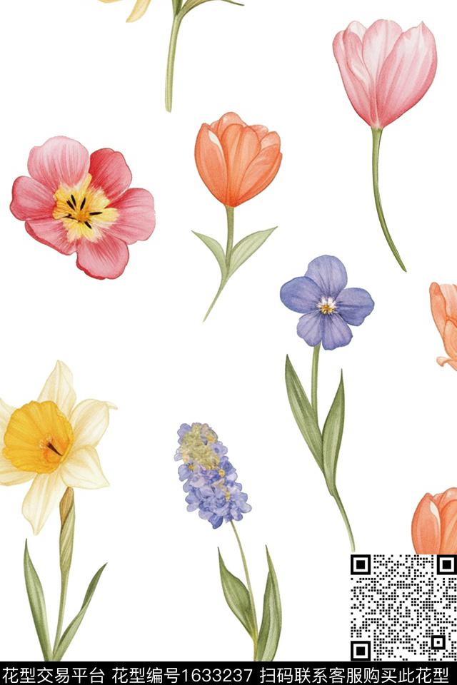 小清新白底花花卉数码印花华亿平台下载（图片编号: 1633237） - 瓦栏（Walan）
