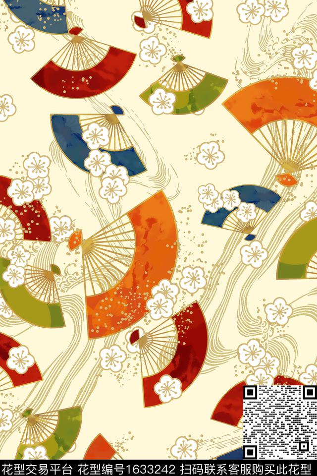 中国风扇子小花数码印花华亿平台下载（图片编号: 1633242） - 瓦栏（Walan）