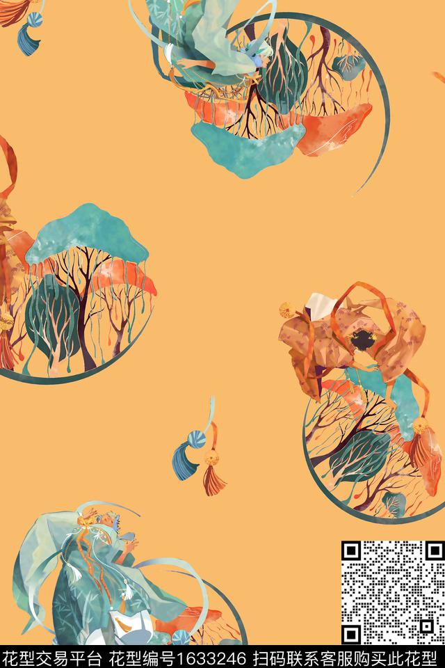 中国风人物树木数码印花华亿平台下载（图片编号: 1633246） - 瓦栏（Walan）