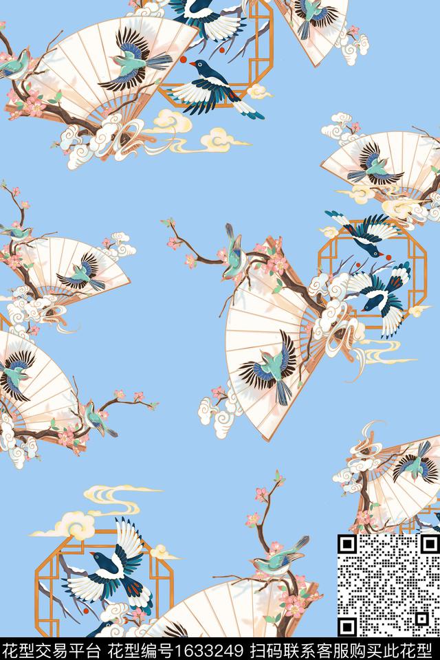 中国风喜鹊扇子数码印花华亿平台下载（图片编号: 1633249） - 瓦栏（Walan）