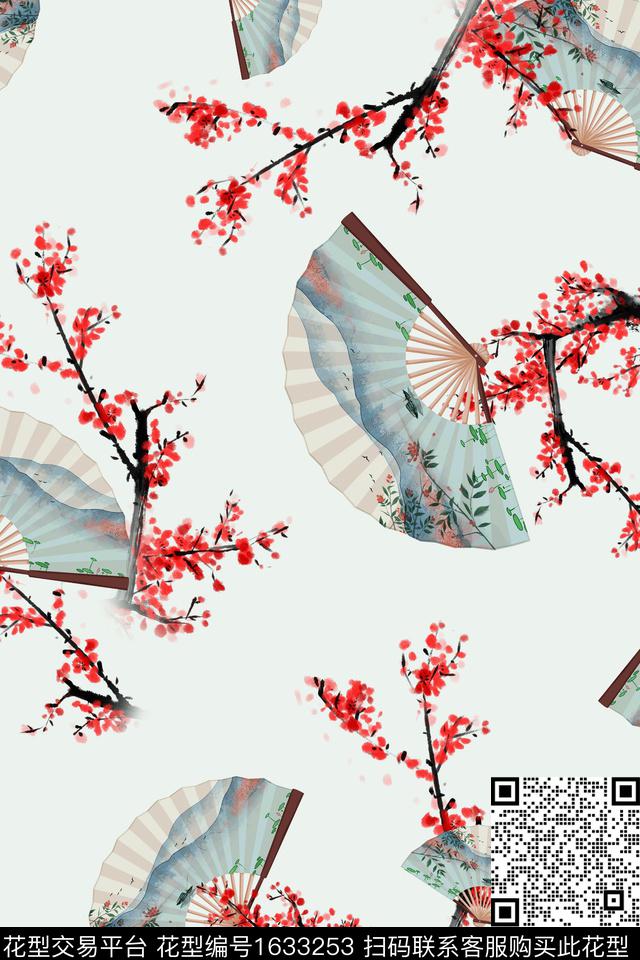 中国风扇子梅花数码印花华亿平台下载（图片编号: 1633253） - 瓦栏（Walan）