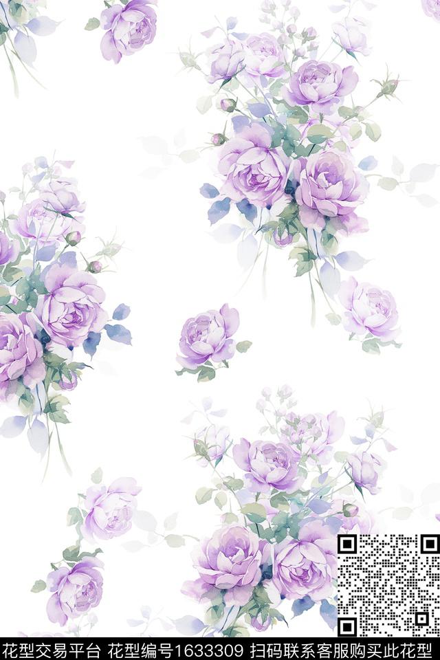 水彩花卉白底花花卉数码印花华亿平台下载（图片编号: 1633309） - 瓦栏（Walan）