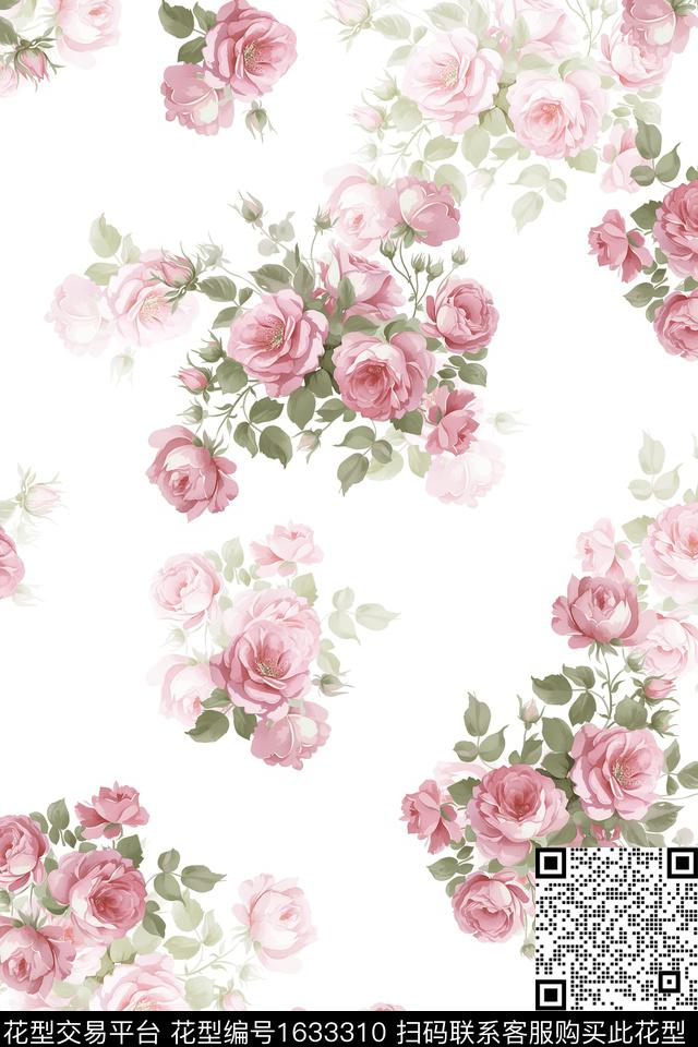 影花白底花花卉数码印花华亿平台下载（图片编号: 1633310） - 瓦栏（Walan）