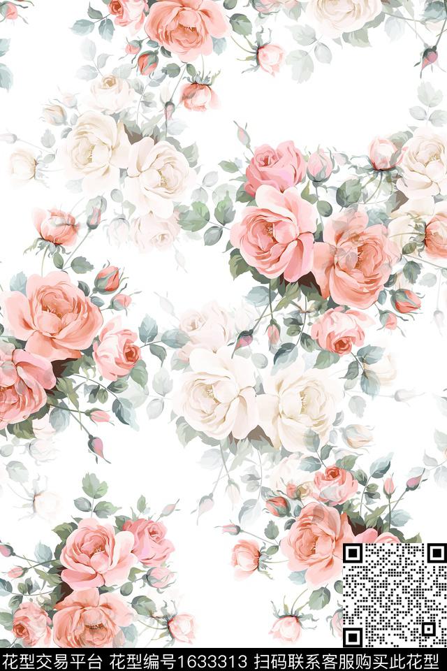 影花白底花花卉数码印花华亿平台下载（图片编号: 1633313） - 瓦栏（Walan）