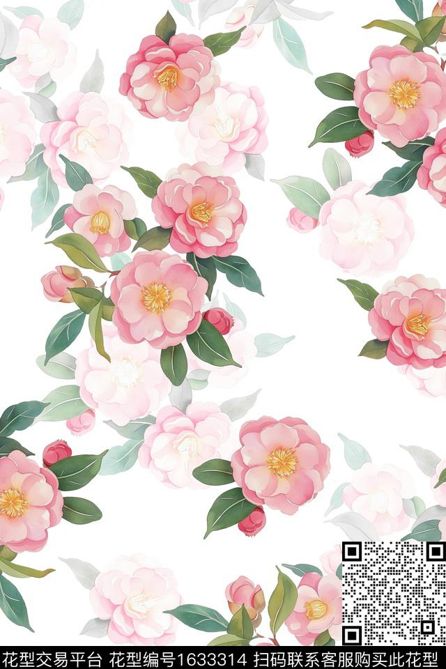 小清新水彩花卉影花数码印花华亿平台下载（图片编号: 1633314） - 瓦栏（Walan）