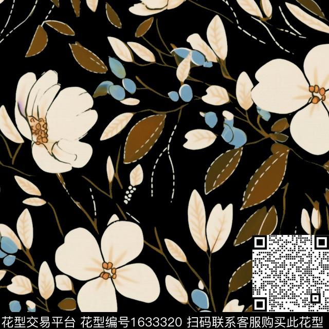花卉黑底花卉满版散花数码印花华亿平台下载（图片编号: 1633320） - 瓦栏（Walan）