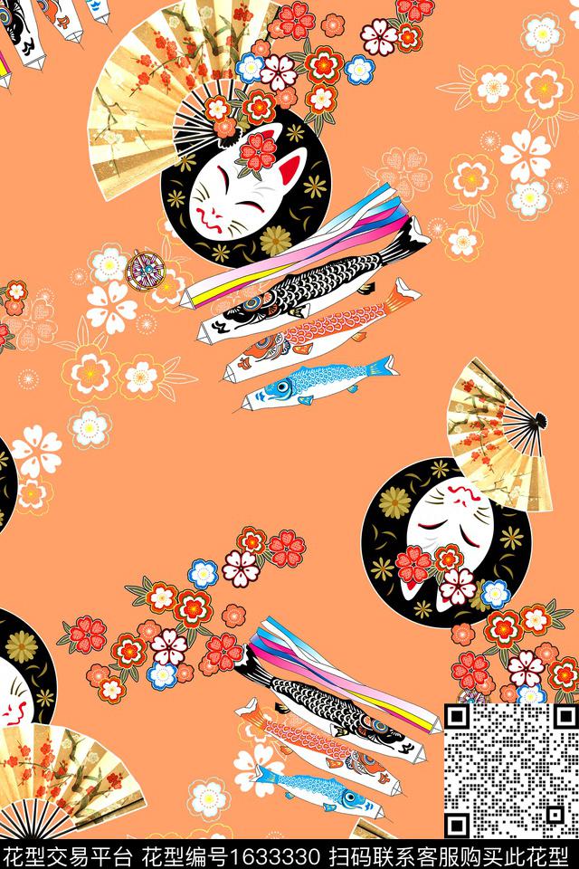 日式和风面具数码印花华亿平台下载（图片编号: 1633330） - 瓦栏（Walan）
