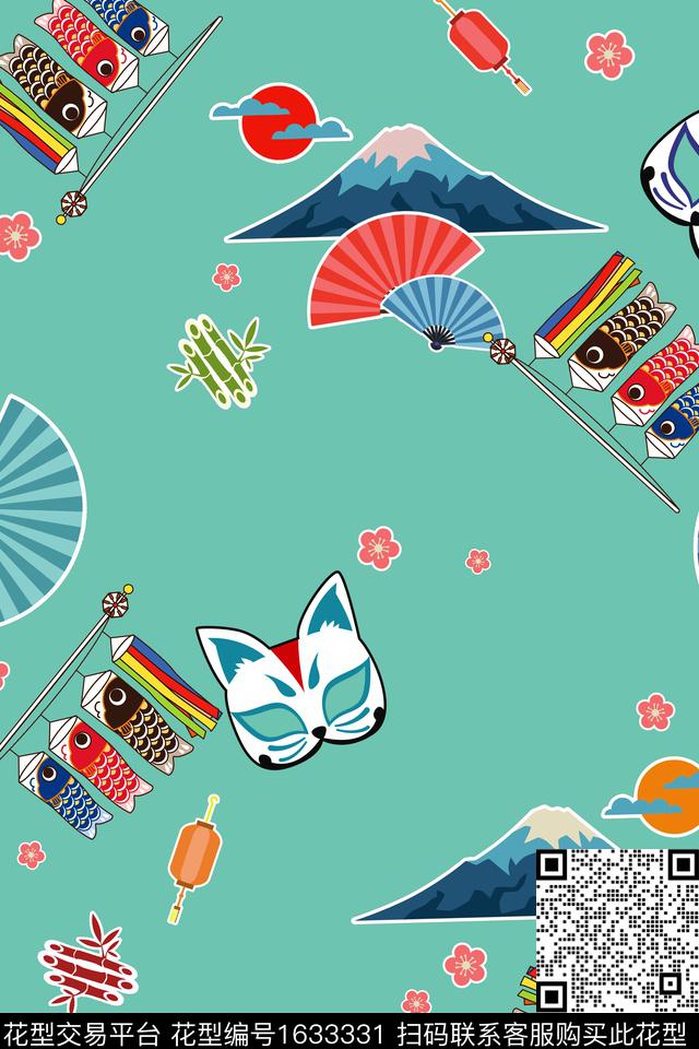 日式和风面具数码印花华亿平台下载（图片编号: 1633331） - 瓦栏（Walan）