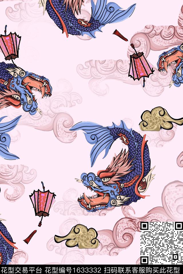 中国风螭吻浪花数码印花华亿平台下载（图片编号: 1633332） - 瓦栏（Walan）