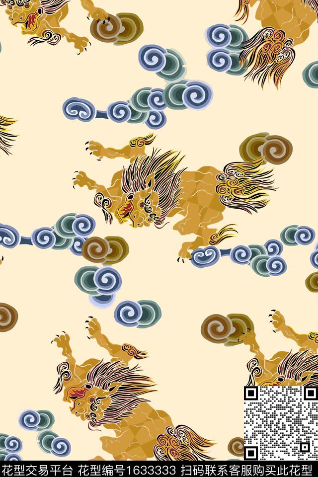 中国风麒麟跳接数码印花华亿平台下载（图片编号: 1633333） - 瓦栏（Walan）