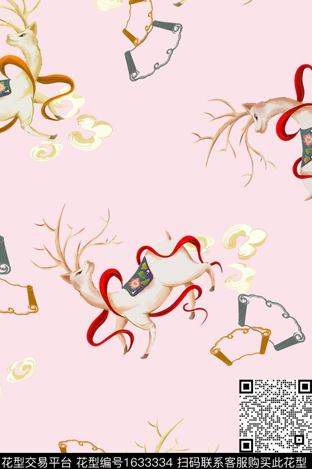 中国风鹿跳接数码印花华亿平台下载（图片编号: 1633334） - 瓦栏（Walan）