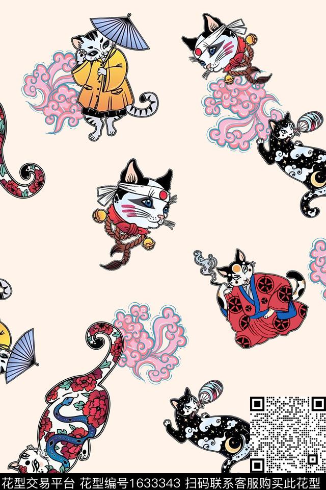 日式和风猫数码印花华亿平台下载（图片编号: 1633343） - 瓦栏（Walan）