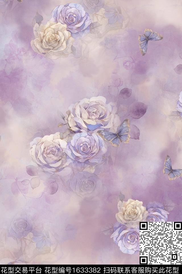 花卉水彩花卉蝴蝶数码印花华亿平台下载（图片编号: 1633382） - 瓦栏（Walan）