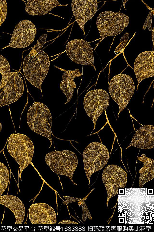 叶子蜻蜓金色数码印花华亿平台下载（图片编号: 1633383） - 瓦栏（Walan）