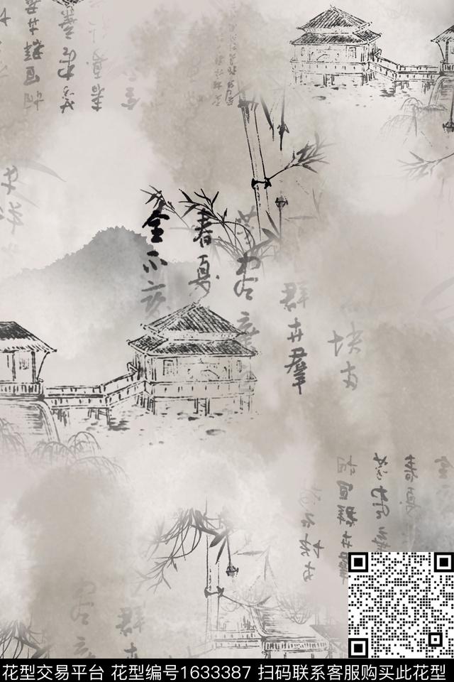 水墨画文字建筑数码印花华亿平台下载（图片编号: 1633387） - 瓦栏（Walan）