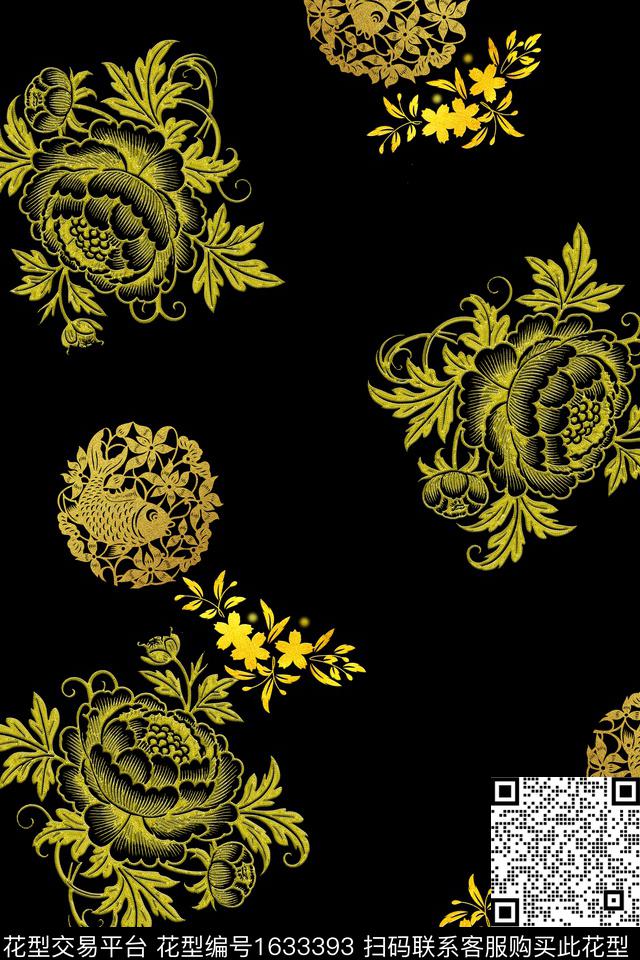 民族风花卉黑底花卉数码印花华亿平台下载（图片编号: 1633393） - 瓦栏（Walan）