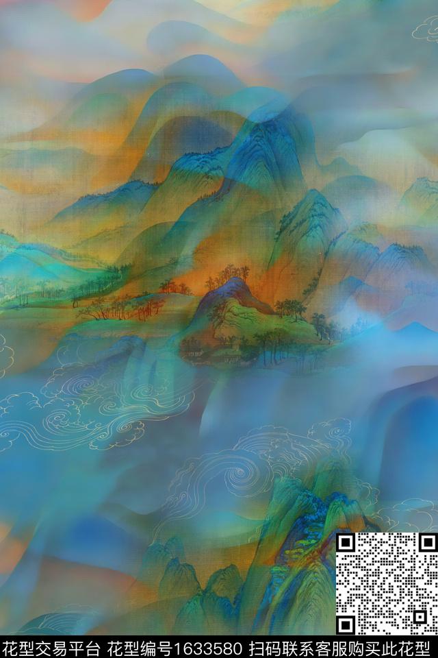 中国风山水画跳接数码印花华亿平台下载（图片编号: 1633580） - 瓦栏（Walan）