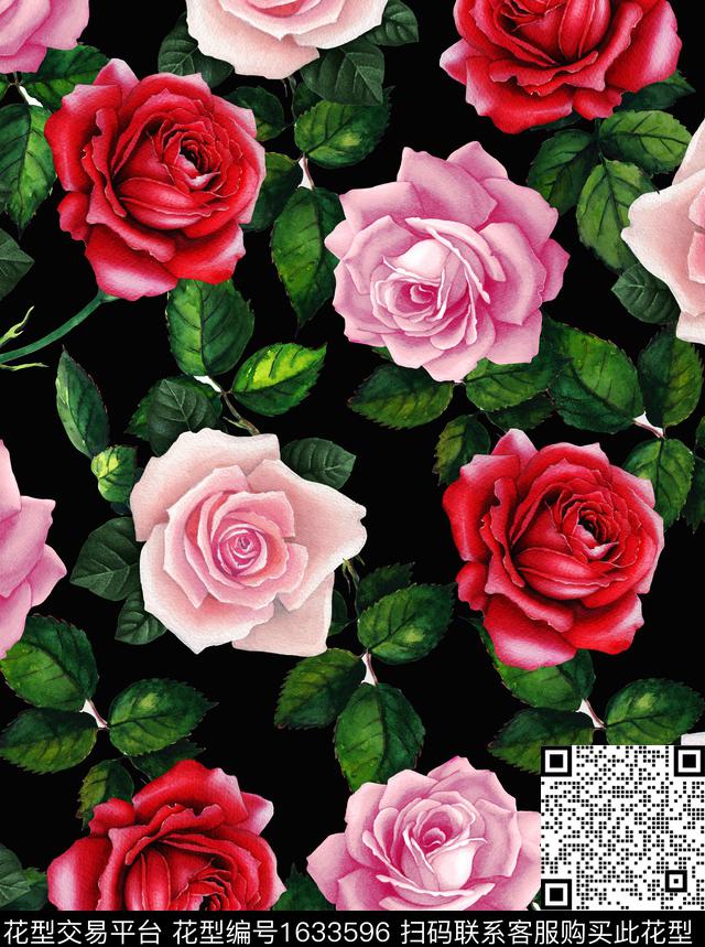 花卉玫瑰花黑底花卉数码印花华亿平台下载（图片编号: 1633596） - 瓦栏（Walan）