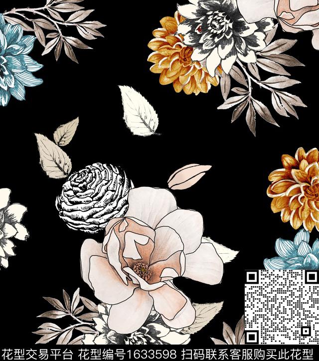 黑底花卉花卉复古数码印花华亿平台下载（图片编号: 1633598） - 瓦栏（Walan）
